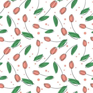 Pattern with tulips in line art style. Vector. Modern simple floral pattern. Stock Illustration