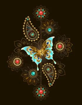 Pattern with turquoise butterfly Stock Illustration
