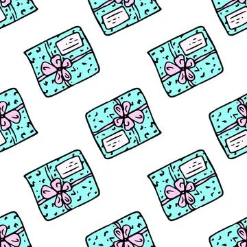 A pattern from a turquoise gift box with a pink bow. seamless pattern in Stock Illustration
