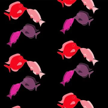 Pattern. Two pairs of lovers, lovely, beautiful, red, pink, purple fish stitc Illustrazione stock