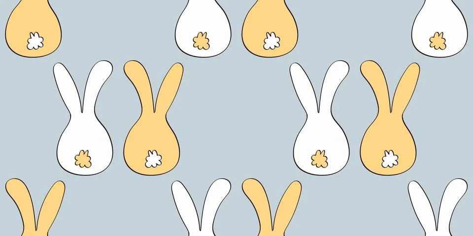 Pattern of two rabbits back view. Cute pair of Hares with tails and ears Stock Illustration