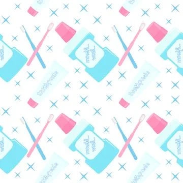 Pattern of two toothbrushes in a glass, toothpaste, mouthwash, blue backgrou Stock Illustration