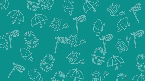 Pattern of umbrellas music players ice cream and nets. Stock Footage 321313720