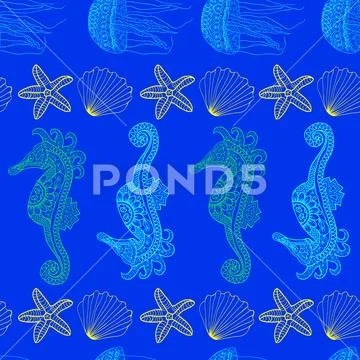 Pattern of underwater starfish jellyfish and seahorse. Stock Illustration