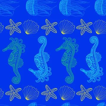 Pattern of underwater starfish jellyfish and seahorse. Stock Illustration