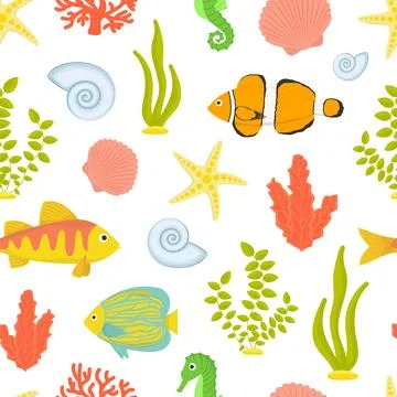 Pattern. Underwater world in cartoon style. Summer, sea, fish, shells, algae. Illustrazione stock