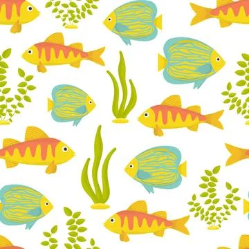 Pattern. Underwater world in cartoon style. Summer, sea, fish, algae. 库存插图