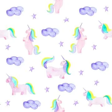 Pattern with unicorn, clound and star. Magic horse on the white background Stock Illustration