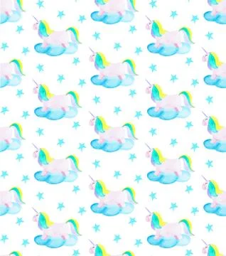 Pattern with unicorn, clound and star. Magic horse on the white background Illustrazione stock