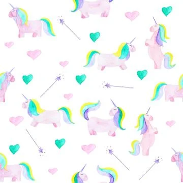 Pattern with unicorn, heart and magic wand. Magic horse on the white backgrou Stock Illustration