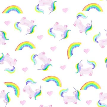 Pattern with unicorn, rainbow and heart. Magic horse on the white background Stock Illustration