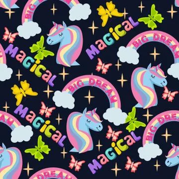 Pattern with unicorn, rainbow and stars, inscription big Dream and magical. Stock Illustration