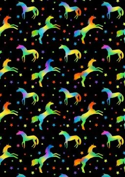 Pattern with unicorn silhouettes with rainbow fill and multicolors stars Stock Illustration