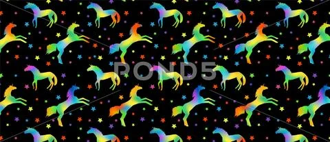 Pattern with unicorn silhouettes with rainbow fill and multicolors stars Stock Illustration
