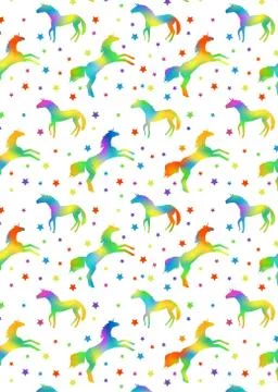 Pattern with unicorn silhouettes with rainbow fill and multicolors stars Stock Illustration
