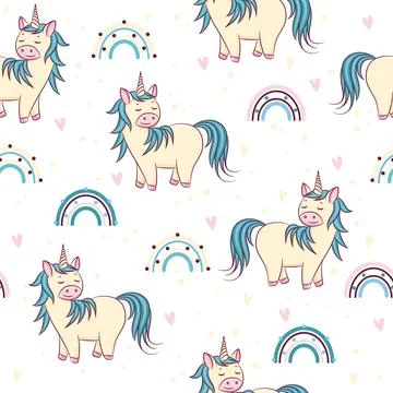 Pattern with unicorns and rainbows. Stock Illustration