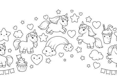 Pattern with unicorns. Happy birthday party background. Illustrazione stock