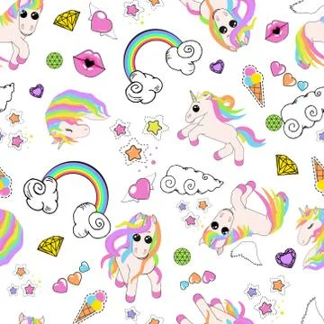 Pattern with unicorns, rainbow, clouds, heart with wings, lips, stars Stock Illustration