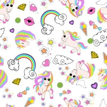 Pattern with unicorns, rainbow, clouds, heart with wings, lips, stars Illustrazione stock