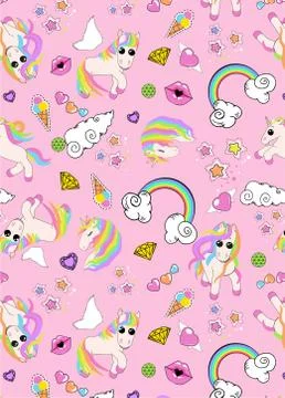 Pattern with unicorns, rainbow, clouds, heart with wings, lips, stars Stock Illustration