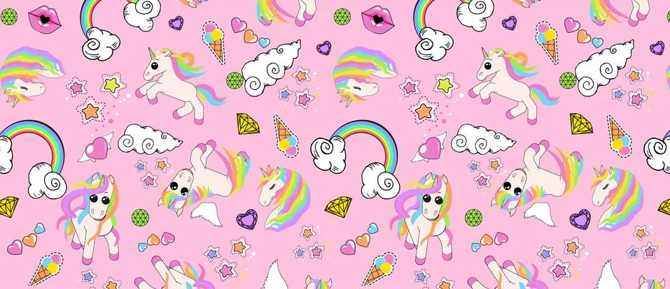 Pattern with unicorns, rainbow, clouds, heart with wings, lips, stars Illustrazione stock