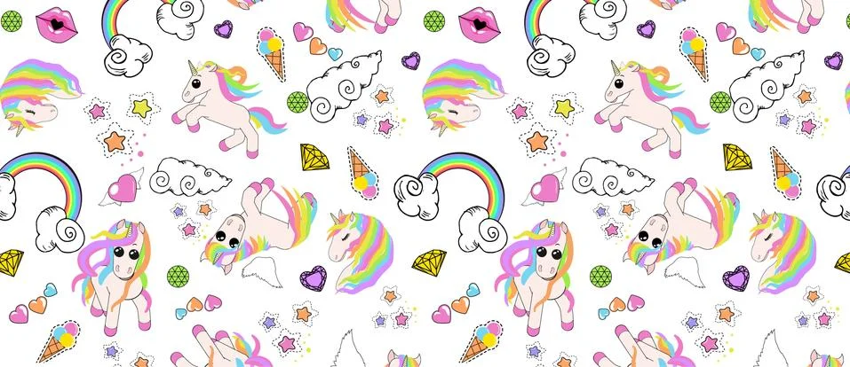 Pattern with unicorns, rainbow, clouds, heart with wings, lips, stars Stock Illustration