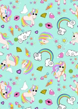 Pattern with unicorns, rainbow, clouds, heart with wings, lips, stars Stock Illustration