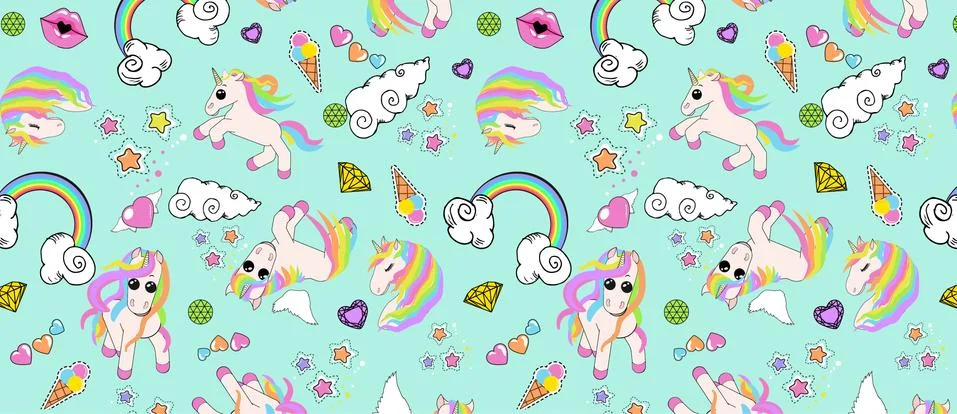 Pattern with unicorns, rainbow, clouds, heart with wings, lips, stars Stock Illustration