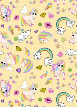 Pattern with unicorns, rainbow, clouds, heart with wings, lips, stars Illustrazione stock