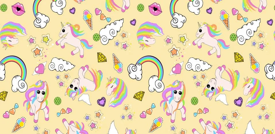 Pattern with unicorns, rainbow, clouds, heart with wings, lips, stars Stock Illustration