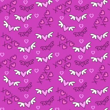 Pattern valentines day ,cute cartoon doodles with love wings Stock Illustration