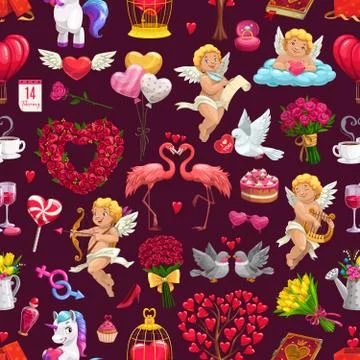 Pattern with Valentines day hearts, cupids, flower Stock Illustration