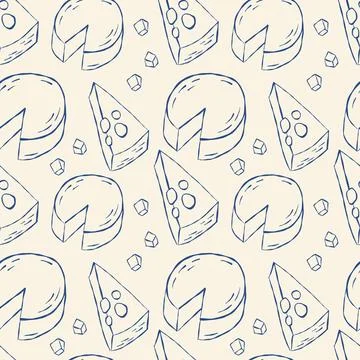 Pattern with various cheeses: Camembert, Parmesan, Brie, Gouda. Stock Illustration