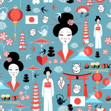 Pattern with various elements of Japanese Illustrazione stock