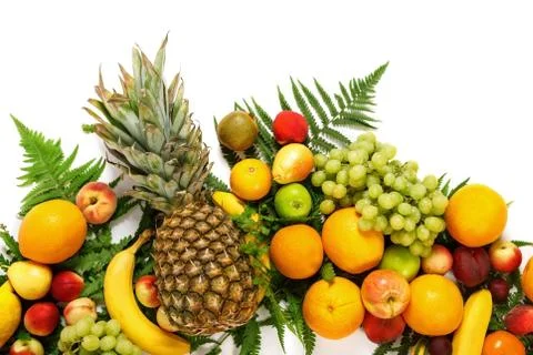 Pattern of various fresh fruit isolated on a white background Stock-Fotos