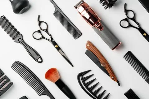 Pattern of various shaving and bauty care accessories for men on gray background Stock Photos