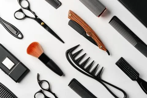 Pattern of various shaving and bauty care accessories for men on gray background Stock Photos