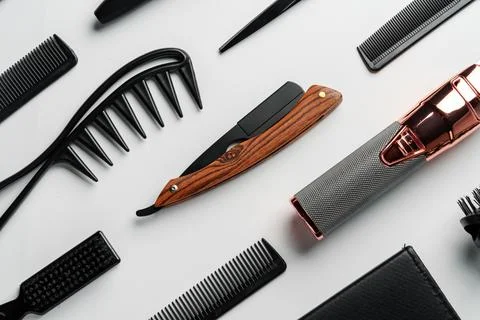 Pattern of various shaving and bauty care accessories for men on gray background Stock Photos