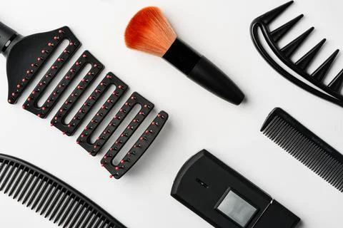 Pattern of various shaving and bauty care accessories for men on gray background Stock Photos