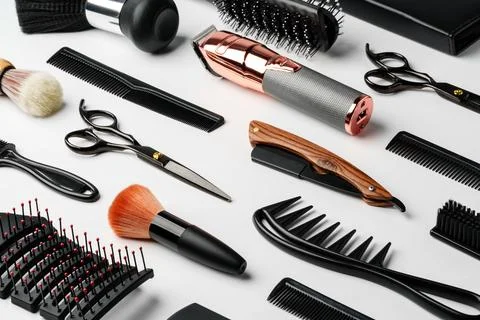 Pattern of various shaving and bauty care accessories for men on gray background Stock Photos