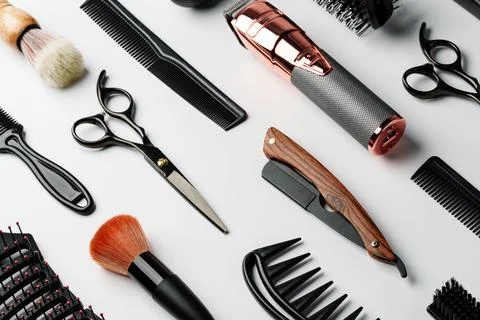 Pattern of various shaving and bauty care accessories for men on gray background Stock Photos