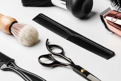 Pattern of various shaving and bauty care accessories for men on gray background Stock Photos