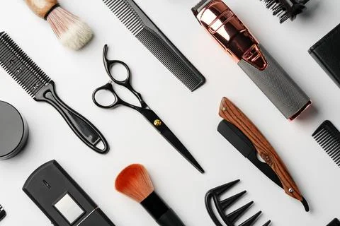 Pattern of various shaving and bauty care accessories for men on gray background Stock Photos