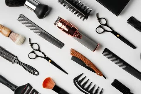 Pattern of various shaving and bauty care accessories for men on gray background Stock Photos