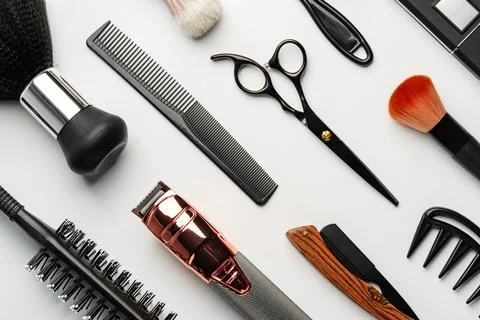 Pattern of various shaving and bauty care accessories for men on gray background Stock Photos