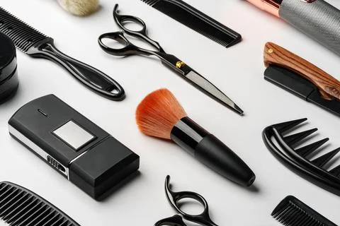 Pattern of various shaving and bauty care accessories for men on gray background Stock Photos