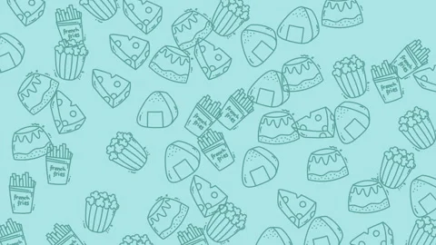 Pattern of various snack food doodles on a light blue background. Great for pack Stock-Footage 333576380