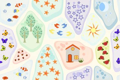 Pattern of various things - trees, stars, birds, flowers Ilustração Stock