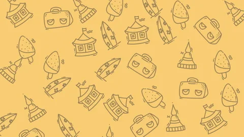 Pattern of various travelthemed items like tents. Stock Footage 321320233