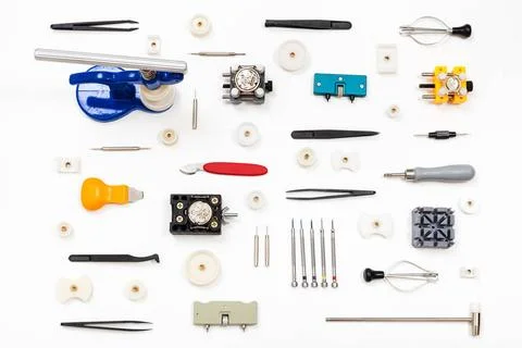 Pattern from various watch repairing tools watchmaker workshop - pattern f... Stock Photos